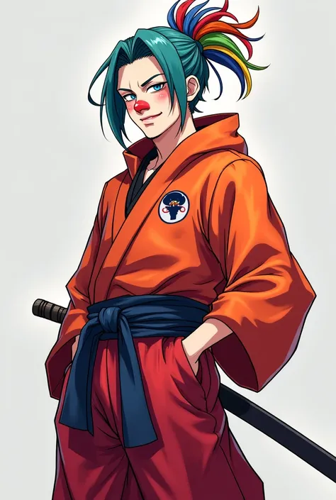 Create a ninja shinobi clown with long and tied rainbow-colored hair who wears wide samurai clothes and that everything is anime style but that you can tell that he is a man and has a relaxed expression