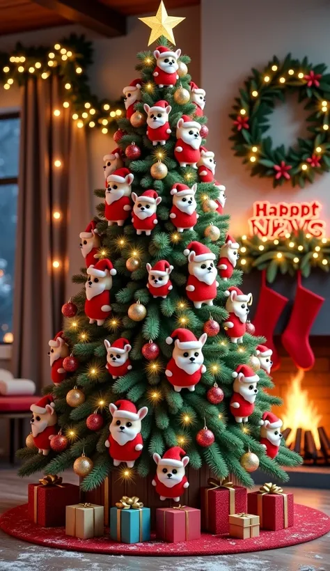 Photorealistic, HDR, giant Christmas tree ,on the top christmas tree,with Large Text  happy new year 2025  Thank You sign , where each tier is composed of cute fluffy Chihuahua Dogs dressed as Santa Claus.The background cozy living room, with a lit firepla...