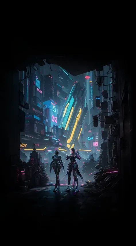 "cyberpunk city with a stylish lady character in futuristic attire and vibrant neon lighting."