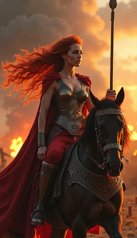 A fierce queen standing tall on a chariot adorned with Celtic designs, her flowing red hair blazing in the wind. She holds a spear in one hand and a shield in the other, her piercing eyes fixed on the battlefield. The backdrop is a burning Roman settlement...