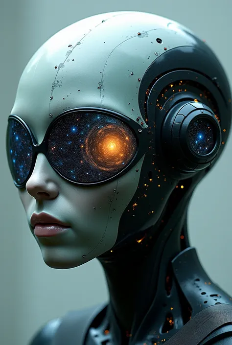  a faceless creature , with a futuristic look , fictional humanoid , but she wears glasses.  the face is like a galaxy inside. Realistic image . 