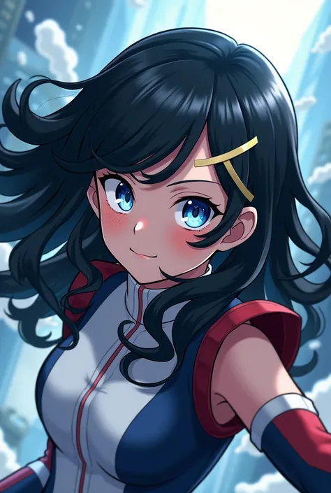  boku no hero Academia , black-haired girl light blue eyes, long wavy hair ,Golden lock in the bangs 