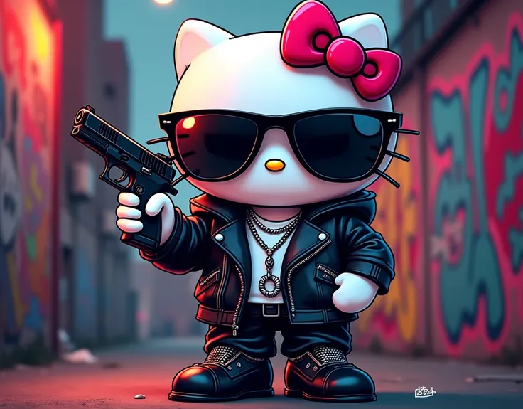 Hello Kitty in a bold gangster persona, wearing sleek black sunglasses and holding a stylish pistol in one paw, depicted in a vibrant digital illustration style inspired by street art. She is wearing a leather jacket with edgy silver accents, standing agai...