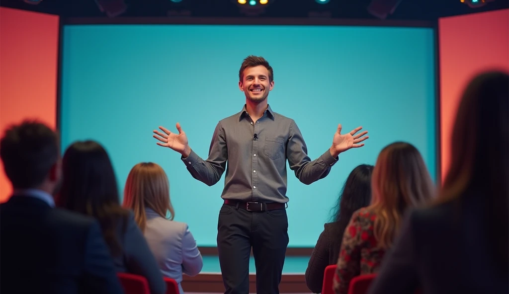 A cheerful presenter greeting the audience enthusiastically at the start of a new video.