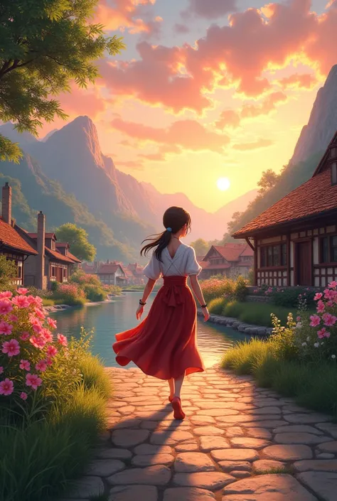  A small village by the river,  mountains in the background ,  colorful flowers ,  detailed landscape style,  beautiful natural scenery ,  atmospheric lighting ,  scorching sunset ,  warm colors , practical, "Create a realistic animation of a female charac...