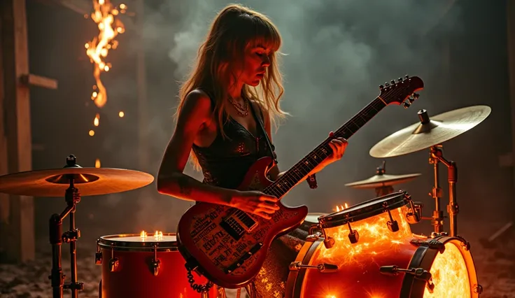 A bold guitarist in a post-apocalyptic setting, playing a customized electronic drum kit illuminated by fiery orange flames. Beside her, a guitar glows with metallic runes, as smoke and sparks fill the dark and threatening atmosphere.