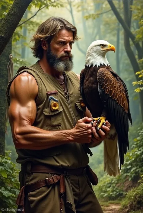 In the heart of a lush forest, a rugged man stands confidently, his weathered hands gently cradling a majestic eagle. The mans rugged features and sturdy build suggest a life lived in harmony with nature. This stunning scene is captured in a mesmerizing oi...