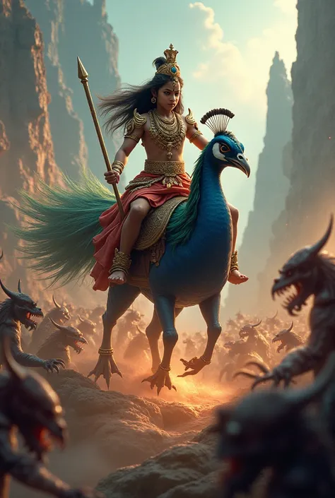 Young lord shiva battling demons - Kartikeya, armored and riding a peacock, fights off a group of demons in a mythical landscape, showcasing his warrior spirit.