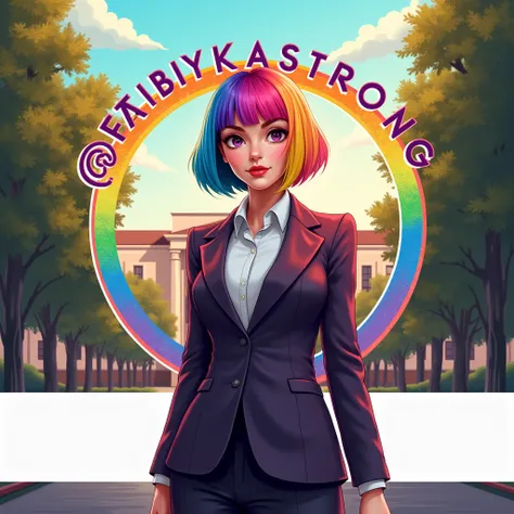 "Bright, modern background in a realistic style featuring vibrant LGBTQ+ colors. At the center, a stylish young teacher with European features and a short bob haircut dyed in vivid rainbow colors. She is dressed in an elegant teacher’s suit. The backdrop s...