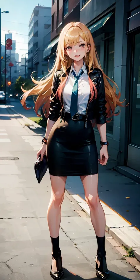 Marin Kitagawa,intenseglare,(best quality:1.6, highres), (beautiful detailed eyes:1.2), elevated, high-quality, beautiful face, 1 girl, leather pencil skirt, oversized leather jacket, blackbird, long hair, wide hips, landscape beautification, street, backg...