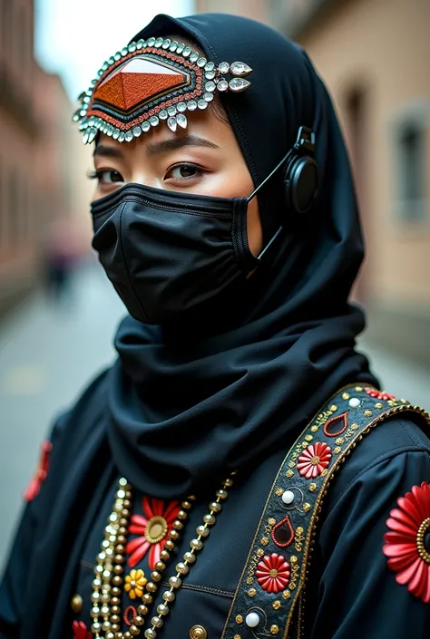 Jeweled mask, solarpunk travaler, futuristic mongolian nomad, traditional japanese outfit, gothic, avant garde glasses, technical outfit, construction worker, full body, Women posing, epic portraiture, culturally diverse elements, full body, award winning ...