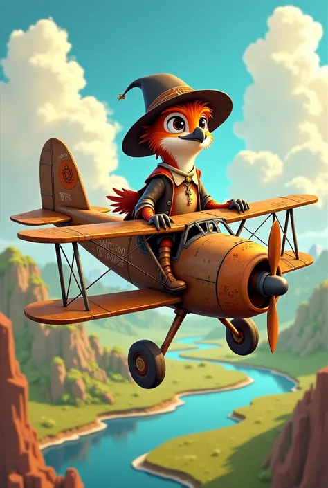 An antropomorphe pilgrim falcon driving an old plane in cartoon style