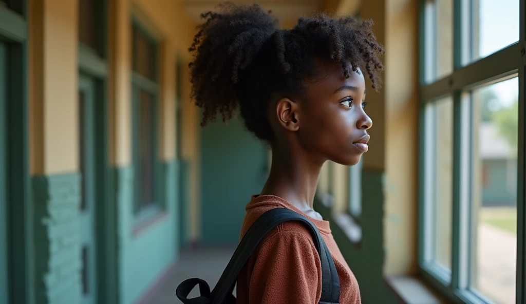 A black skinned school girl who is 22 years of age standing by her classroom with her backpack watching her friends through the classroom window