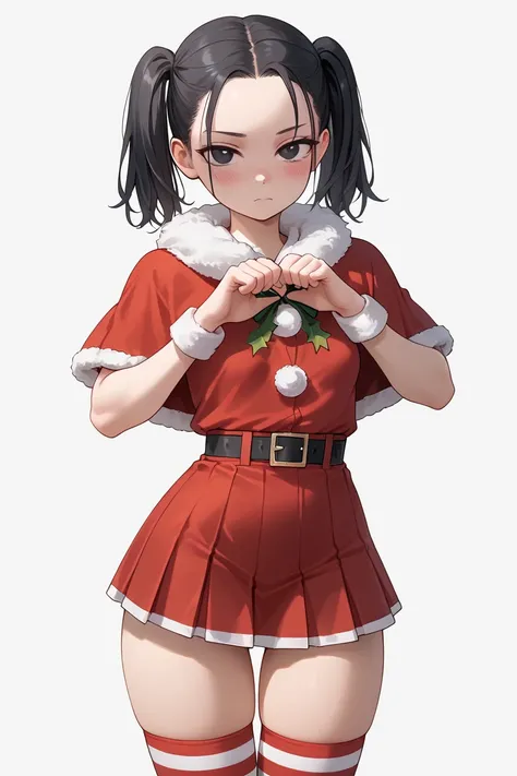 cute girl, (short girl), (solo), (1girl), santa costume, micro red skirt fur trim, red croptop fur trim, red capelet fur trim, (red striped thigh socks), taut clothes, tight clothes, narrow waist, thick thighs, tight thigh socks, thin arms, (thigh gap), cu...