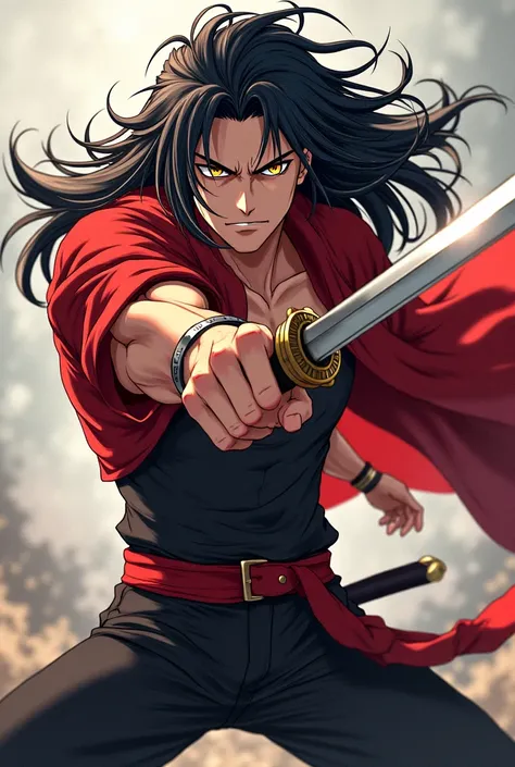 Anime figure male handsome eye color golden facial expression Canofready swinging a sword in his hand.  long black hair  