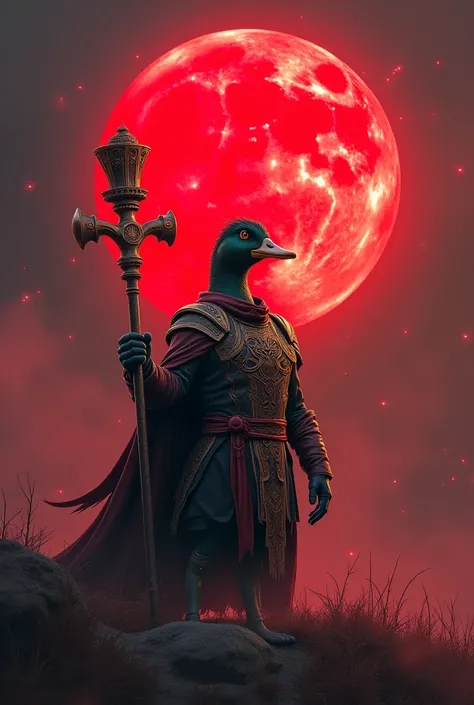 An RPG master duck with a Bloody Moon background 