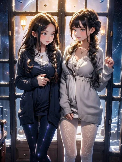 Two Women .(Nightsky.starry).window (8k)  Inside royal room. Winter. which .fantasy. line-up group. Lace . Dress. Long hair.colorful. cardigan. leggings.  braid