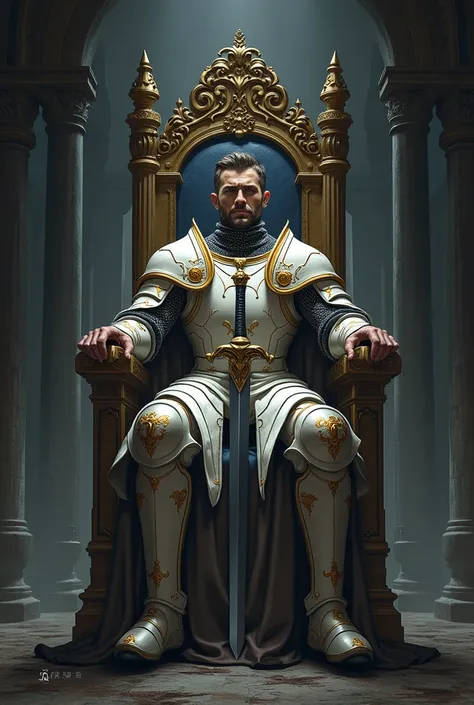 The image is a digital illustration of a knight sitting on a throne. The knight is wearing a white and gold armor with intricate details and a crown on his head. He is holding a sword in his right hand and a shield in his left hand. The throne is made of s...