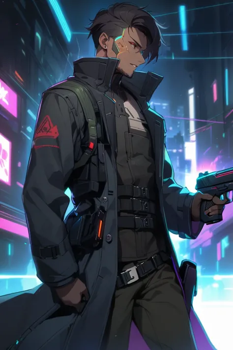 Noir man, cyberpunk, Mild unshaven, short dark hair, dark coat, Futuristic pistol in a holster