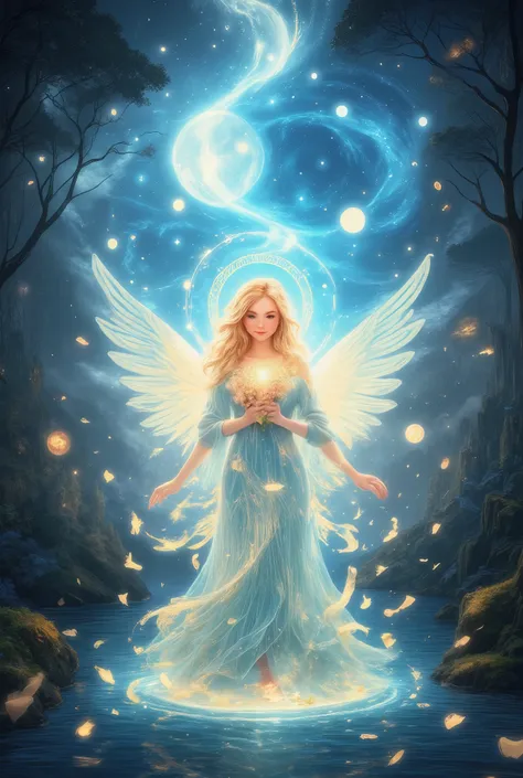Fantasy, Angel Girl,  Beautiful Snow-White Wings, Simply Amazing ,  Beautiful and Charming , smile,  A bouquet of flowers in hand ,  sexy,  blond hair , the halo glows ,  Dressed in Complex Clothes with Different Patterns Steeped in Magic , Moon Lake Fores...