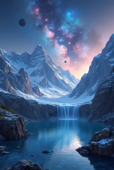 Lake, mountains, waterfall, space, planets, stars, nebula, hd, uhd