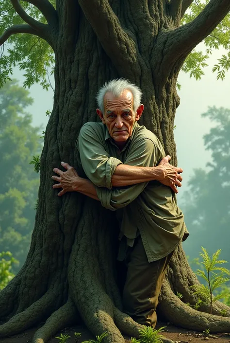 Old man hugging big tree and crying