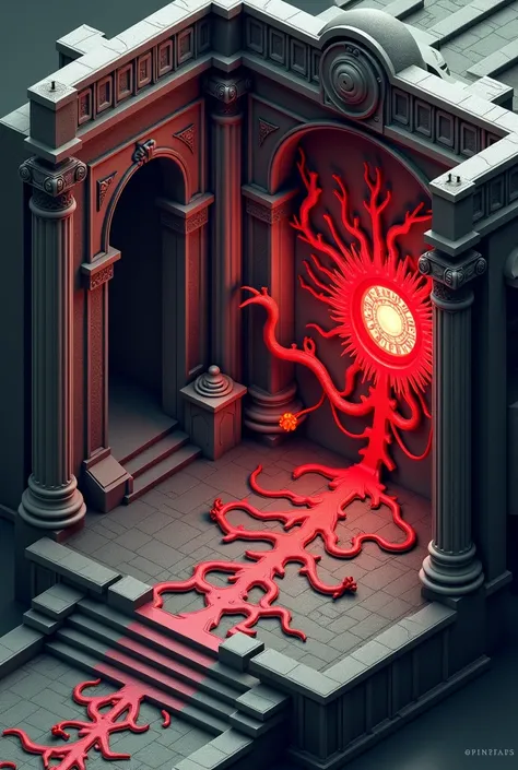 isometric map demonic vault with growing bio heart glowing red, large underground temple hall