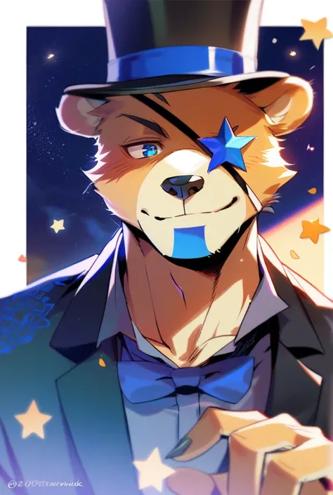 Black male springlock animatronic bear with a blue bowtie with stars. Wearing a black top hat with a blue ribbon on the middle of the top hat with stars on the hat. Has a yellow star on the center of their chest. As he missing his right eye that is covered...