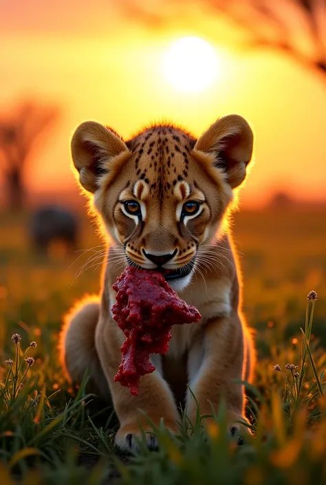 A small lion eating animals