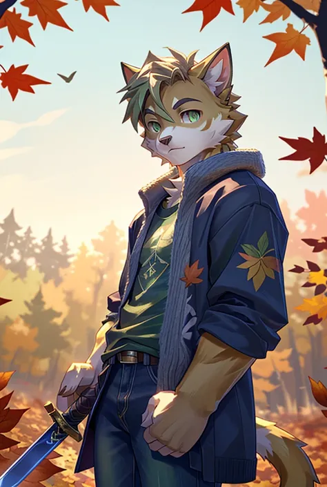  (1 male Cat ), (170 ), (Skinny Male Physique), ( green eyes), ( Beautiful coat color ), ( Wearing a t-shirt,  jeans and sweater ), ( cute and cool in appearance ), ( stands in a cute pose with a two-handed sword,  holds a windy ball above his hand ), ( Ag...