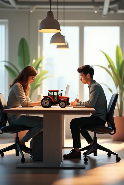 A desk for two that has a tractor