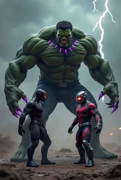 Create a highly detailed scene featuring Black Panther Hulk and Ant-Man in an intense standoff. Black Panther Hulk, a massive figure with the muscular physique and greenish-black texture of Hulk combined with the sleek black vibranium suit of Black Panther...