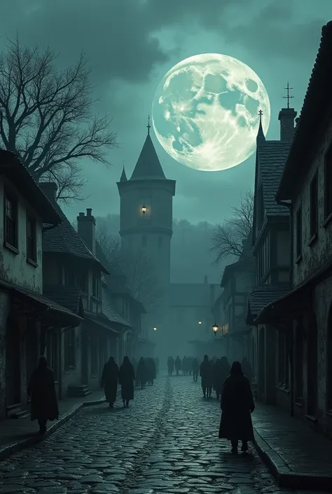  Give me a high-quality image ,  8K Ultra HD image of a medieval town on a gloomy afternoon where you can see houses , people , Street trees  ,  of the moon very detailed the  