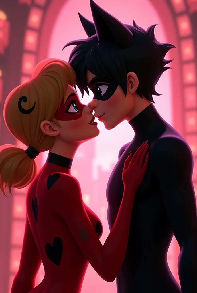  Create a picture of the female superheroine Ladybug and the male superheroes Cat Noir .  The two kiss each other with closed eyes . Ladybug tries , Cat, Noir before a curse Save and kiss him therefore as in the series Miraculous Tales of Ladybug and Catno...