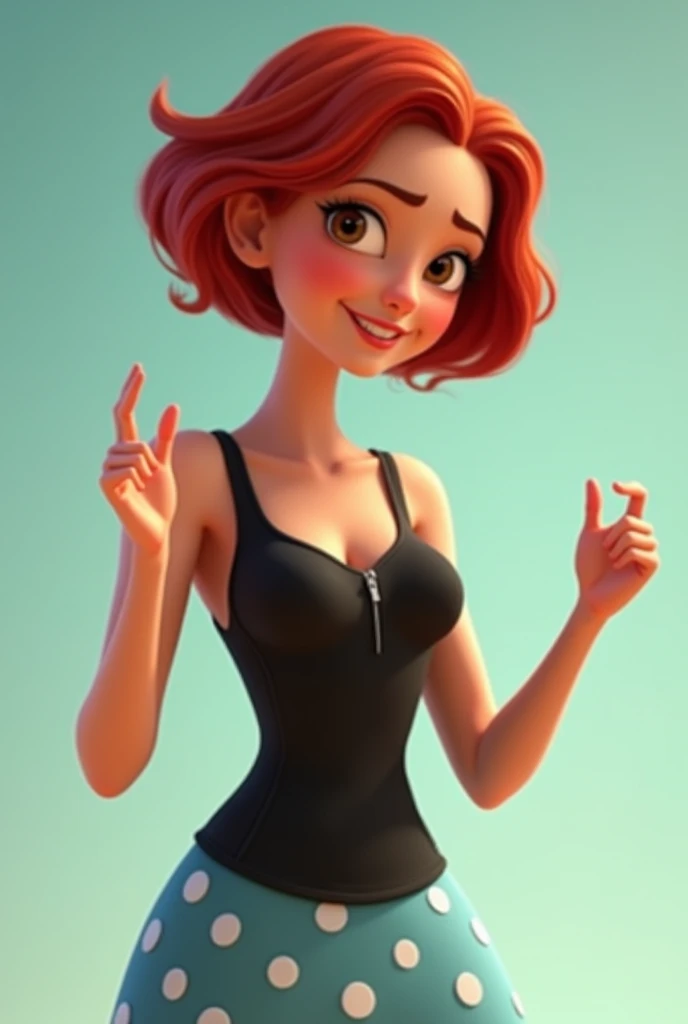 Create an animated Pixar red short-haired woman of 25, with a robust body, no big breasts, and brown light eyes. She wears a black long-top tank with a small zip in the middle of it not tight to body and a skirt with dots colour white and light blue. In a ...