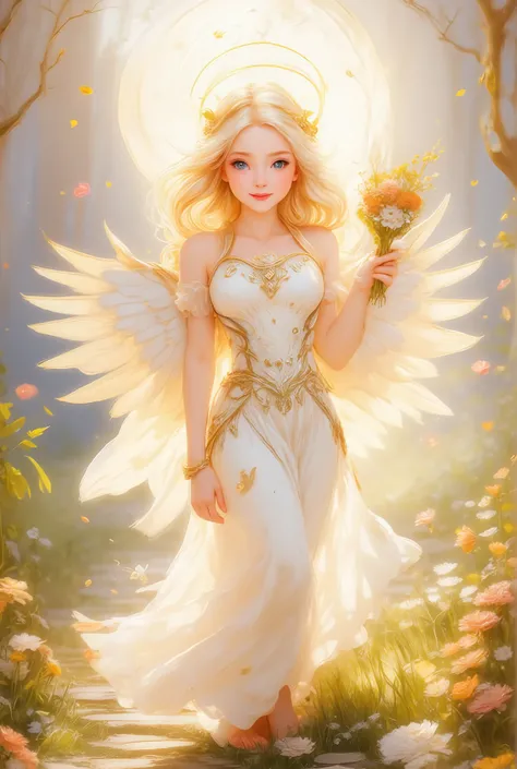 Angel Girl,  Beautiful Snow-White Wings, Simply Amazing ,  Beautiful and Charming , smile,  A bouquet of flowers in hand ,  sexy,  blond hair , the halo glows ,  Dressed in Complex Clothes with Different Patterns Steeped in Magic ,  Background Flower Meado...