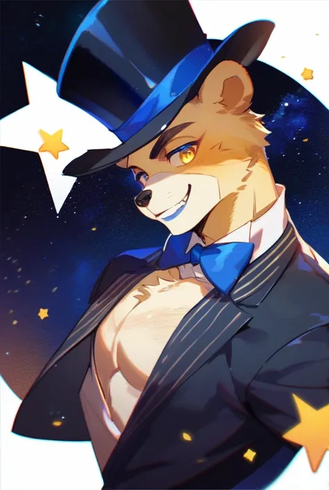 Black male springlock animatronic bear with a blue bowtie with stars. Wearing a black top hat with a blue ribbon on the middle of the top hat with stars on the hat. Has a yellow star on the center of their chest.