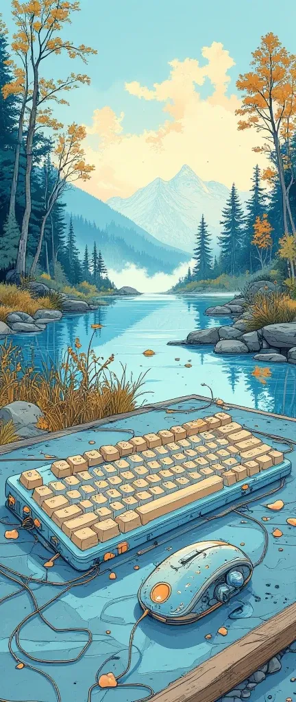 Heres an AI prompt for generating an animated, non-realistic illustration of a broken keyboard and mouse:  

**Prompt:**   
"An artistic, animated illustration of a broken keyboard and mouse, designed with a fantasy and surreal aesthetic. The keyboard is c...