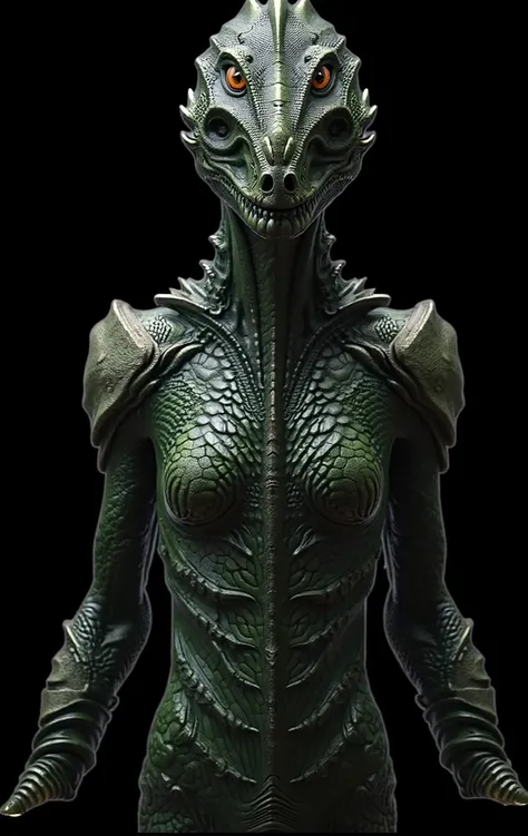 tall, reptilian-humanoid female, skin is a deep emerald green, shimmered with an almost metallic sheen; eyes are large and almond-shaped, a deep, intelligent brown; neck is elongated, giving her an almost serpentine grace, and her tail, slender and taperin...