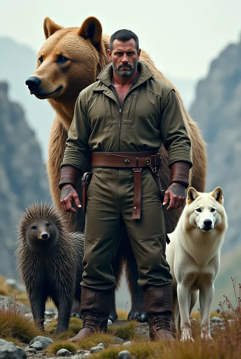 A rough man standing with a prcupine on his right and a white wolf on his left, and a grizzly bear on his behind.