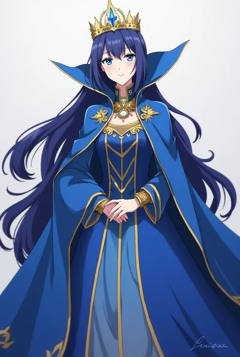 Anime, Fire Emblem Queen Lucina wearing a Blue Coronation Dress with a cape, long and elegant, trails behind her, and the elaborate collar, a towering masterpiece of craftsmanship, ascends far beyond her head