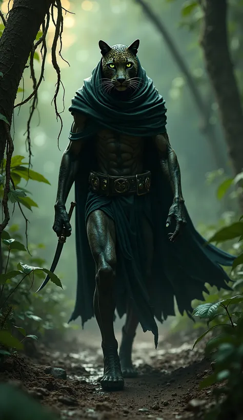 A humanoid leopard assassin with piercing green eyes, dressed in a sleek, dark cloak, prowling through a dense jungle at twilight. The damp earth beneath its paws is soft and uneven, while thick vines hang from the trees, their shadows casting long, eerie ...