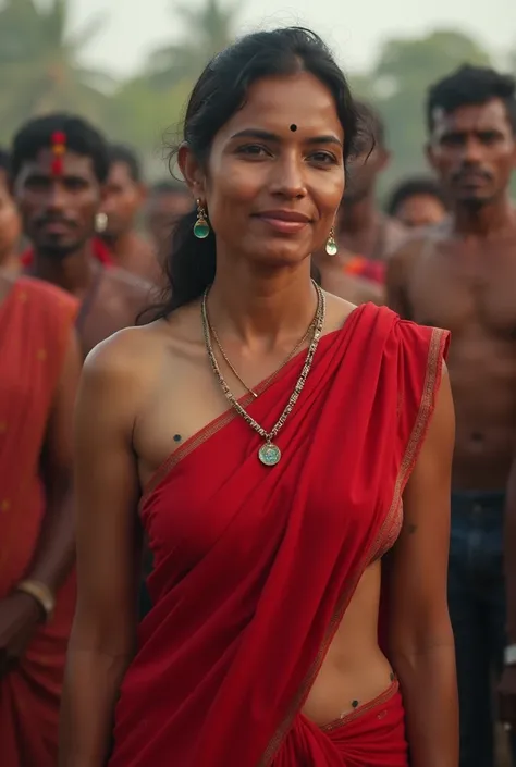 A very clear ultra HD dynamic image of a "A 35 year old beautiful Indian woman, wearing a simple red saree(showing her abs)with a serene and devoted expression, surrounded by villagers who admire and respect her for her virtues and sacrifices."
