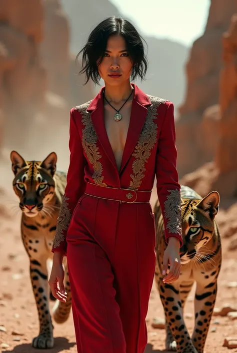 
Prompt:
" A confident looking woman ,  with short and slightly disheveled black hair ,  wearing a deep red jumpsuit adorned with intricate details .  The sleeves and accessories complement the look with a modern touch and upscale. She walks with determina...