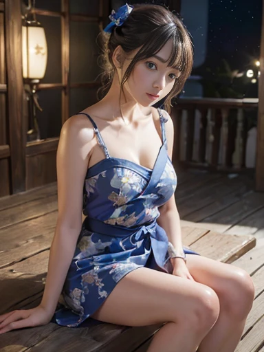 (masterpiece,Super detailed,8k,highest quality:1.5),((So cute)),best image quality, two dimensional beauty,sensual figure,intricate details,charm, realistic texture, charmな,(moonlight、firefly light:1.3),(blue yukata),I can see your shoulders、beautiful and ...