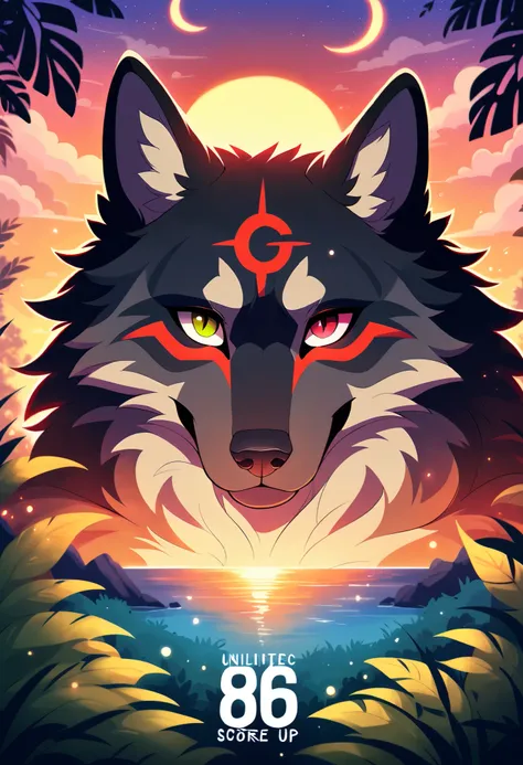 score_9, score_8_up, score_7_up, score_6_up, score_5_up, score_4_up, highres, source_furry, cover page, male alpha wolf in garden, black skin, red tattoo, waning moon tattoo on chest, heterochromia, blue left eye, red right eye, dreamy background, kindness...