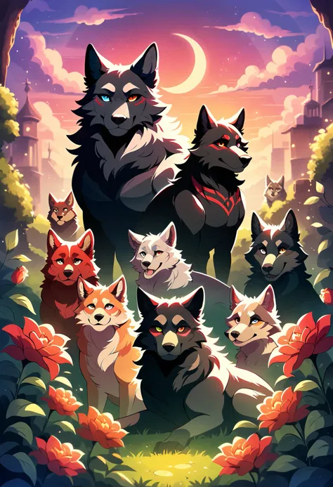 score_9, score_8_up, score_7_up, score_6_up, score_5_up, score_4_up, highres, source_furry, cover page, male alpha wolf in garden, black skin, red tattoo, waning moon tattoo on chest, heterochromia, blue left eye, red right eye, dreamy background, kindness...