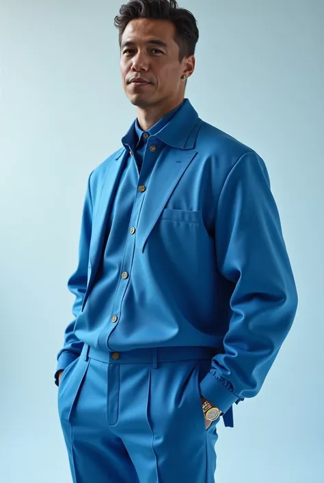 A half-body fashion portrait of a male model wearing a modern outfit with a blue tonal palette, standing in a professional studio. The outfit features sleek lines and contemporary design, complemented by accessories that match the blue tones. The studio li...