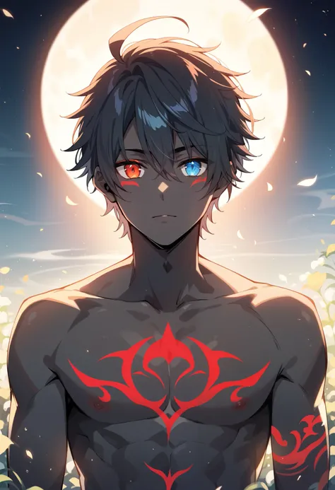 score_9, score_8_up, score_7_up, score_6_up, score_5_up, score_4_up, highres, source_furry, cover page, male alpha wolf in garden, black skin, red tattoo, waning moon tattoo on chest, heterochromia, blue left eye, red right eye, dreamy background, kindness...