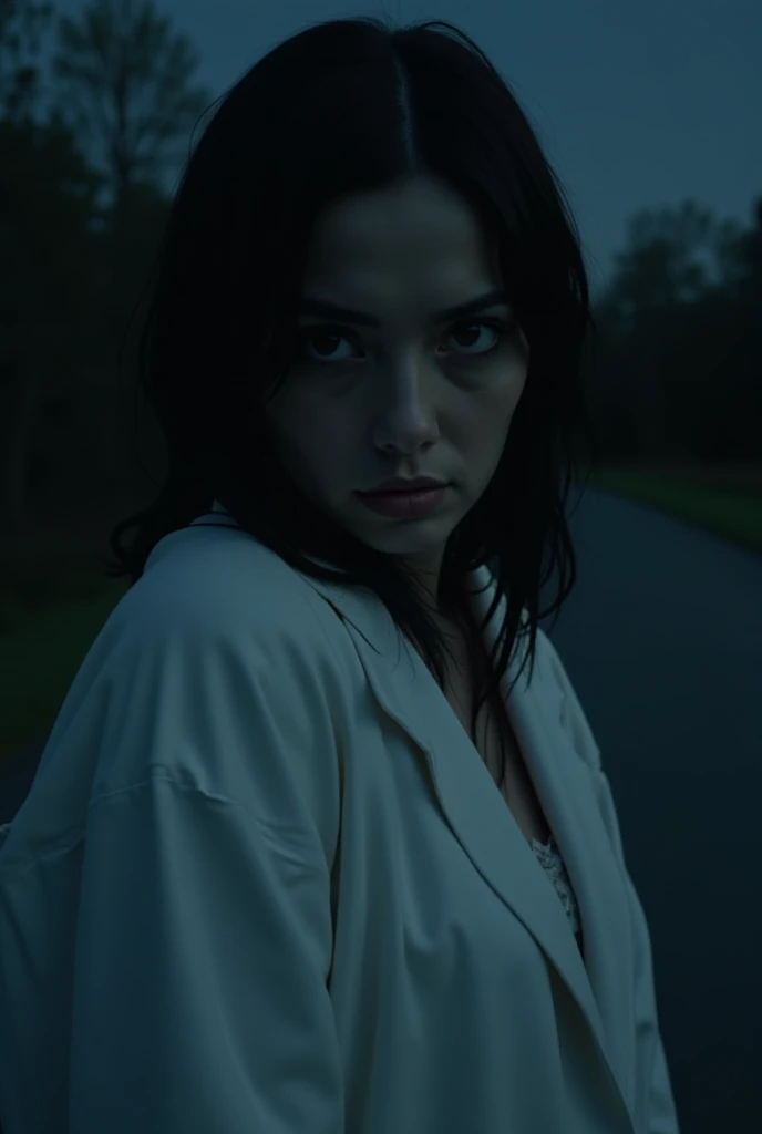 A close-up of a woman in white on a dark, empty road, turning her head to face the protagonist. Her eyes are wide, empty, and hollow, creating a sense of dread. Her face is pale and expressionless, with a slight hint of darkness surrounding her. The air fe...